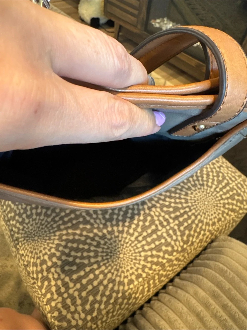 Tommy Hilfiger Quilted Taupe Tote with Tan Trim and Logo Plaque